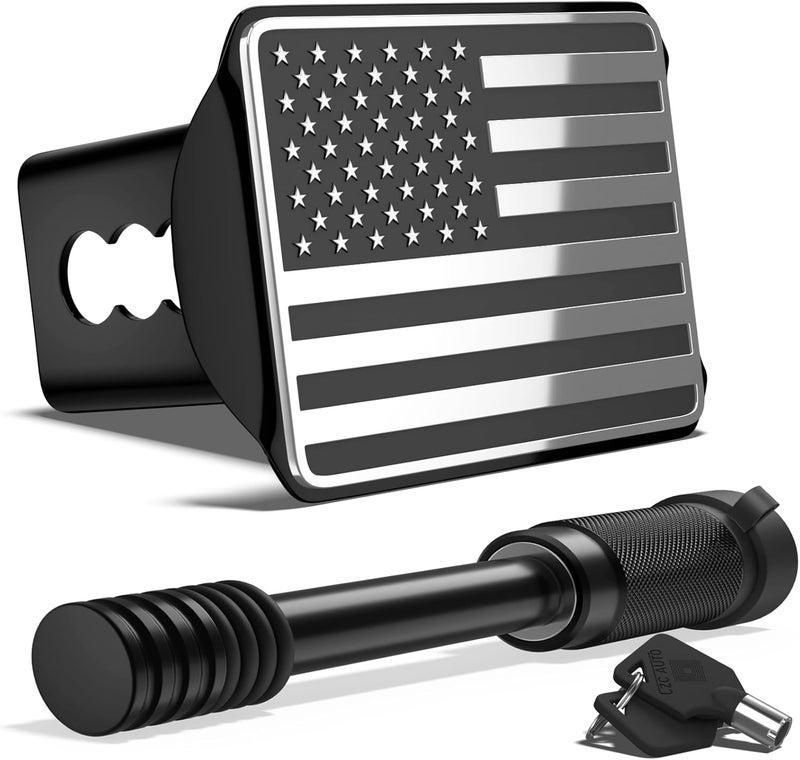 OGYE Heavy American Flag Metal Trailer Hitch Cover for 2 Inch Receivers (with 5/8-inch Pin Diameter Trailer Hitch Lock,Chrome) - Image 1